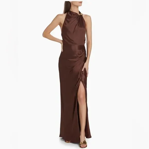 NICHOLAS Galilea High Neck Gold Trim Maxi Dress Espresso 6 - Picture 4 of 16